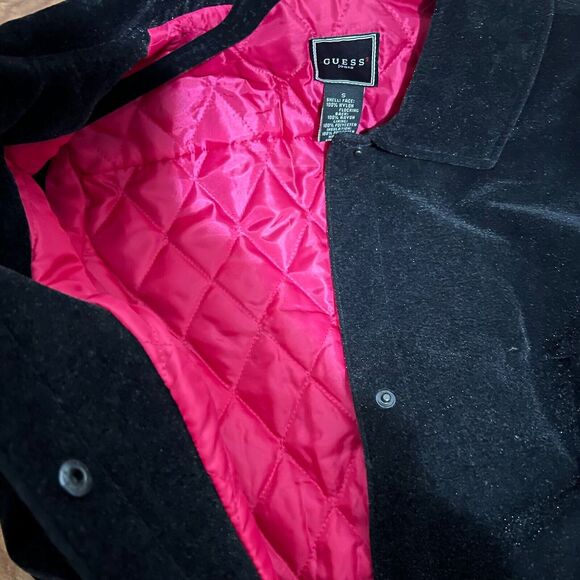 Guess Jeans Black Velvet Coat Sparkly Size S Vintage Hidden Button Minimalistic - Picture 10 of 13